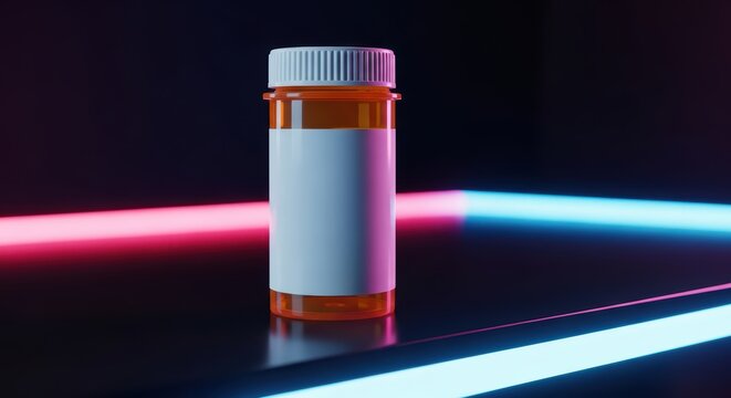 Prescription pill bottle on reflective surface with neon lighting effects