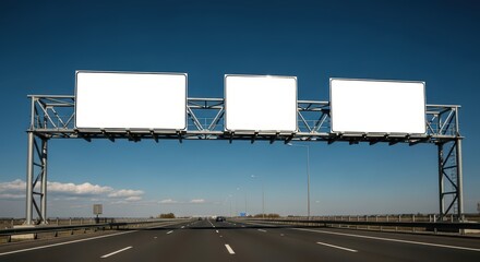 Three blank billboards on highway under clear blue sky