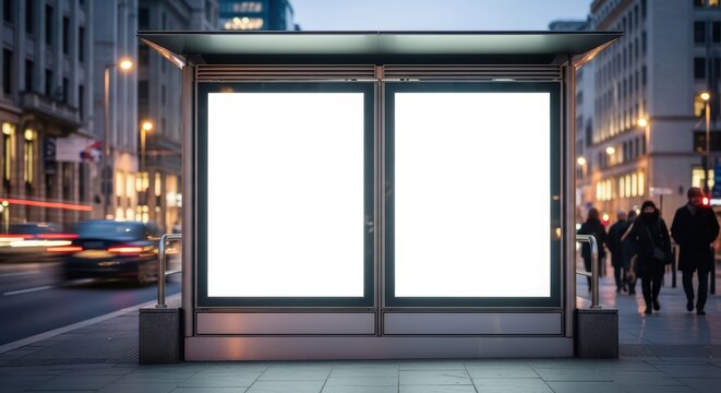 Illuminated urban bus stop at night with blank advertisements