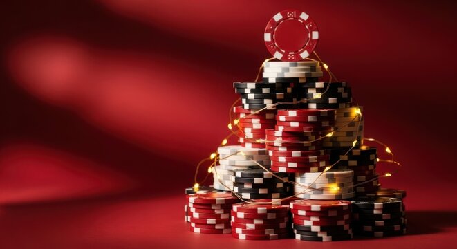 A stack of red and black poker chips arranged in a pyramid shape. The background is a soft red, creating a vibrant casino atmosphere.