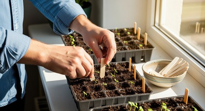 closeup of hands planting seedlings indoors on a sunny windowsill nurturing new growth - Powered by Adobe