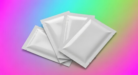 Blank white packaging sachets on colorful gradient background