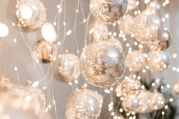 Silver and golden christmas balls with garland with lights. Christmas mood concept for background