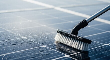close-up of brush cleaning wet solar panels on sunny day for maintenance and efficiency