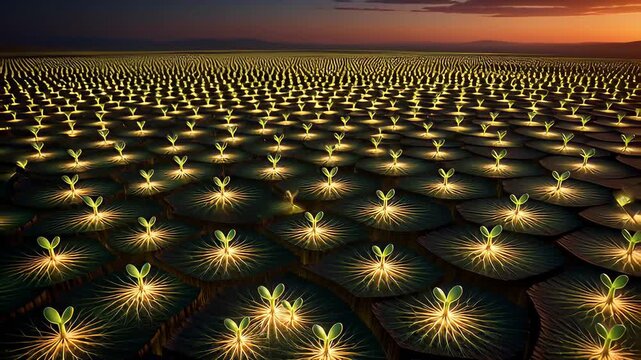 A grassroots movement concept showing the growth of a community of glowing seedlings sprouting in unity from a dry field at twilight, symbolizing a new beginning and hope.