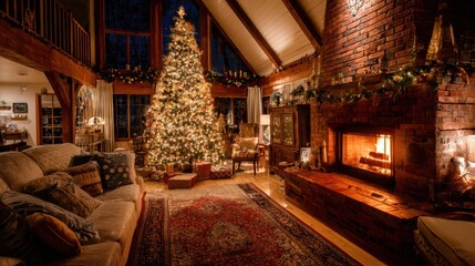A cozy living room with a large Christmas tree in the center. The room is decorated with Christmas lights and a fireplace