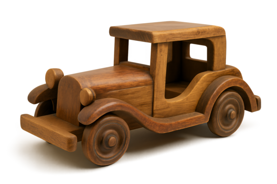 Wooden toy car crafted in vintage style with curved details and polished surface, placed on a transparent background. Concept of nostalgia, childhood, handmade toys