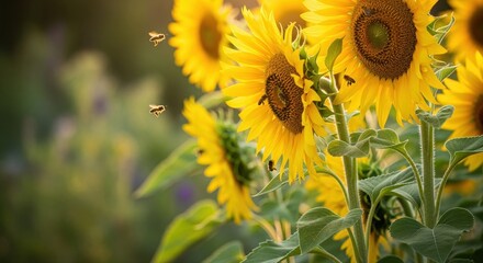 sunlit sunflowers with buzzing bees in a vibrant summer garden, nature's harmony captured