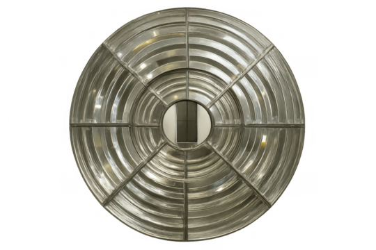 Fresnel lens showing concentric glass rings focusing light, an optical element on transparent background