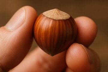 Hazelnut in Hand: A close-up view of a perfectly formed hazelnut, held gently in a human hand. The natural textures and rich colors, embodying the simple beauty and bounty of nature.