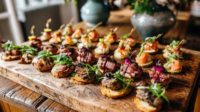 A wooden tray with a variety of appetizers, including meat and vegetables. The tray is placed on a wooden table