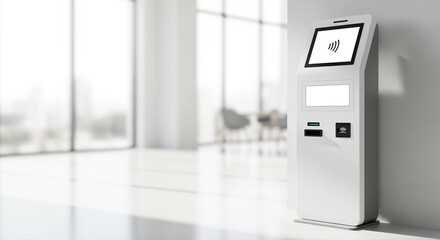 modern self-service kiosk with contactless payment in bright office environment