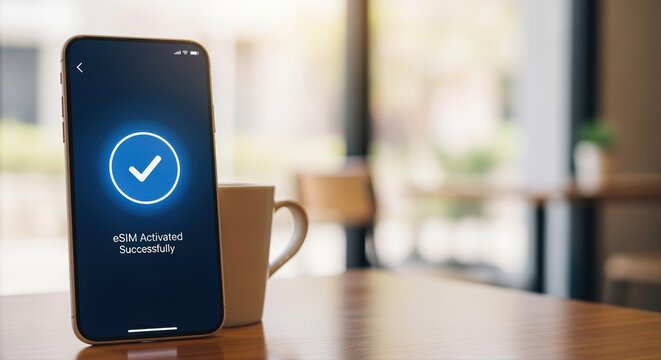 esim activation successful on smartphone screen in modern cafe with coffee cup