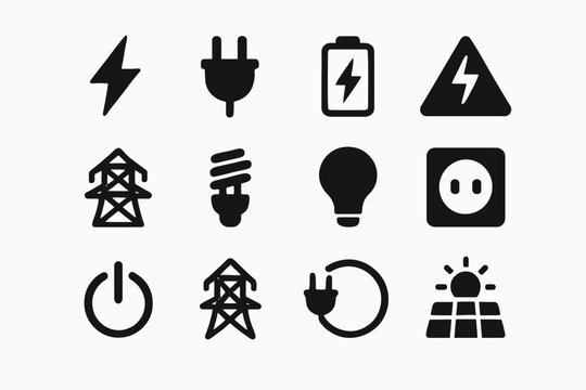 Electricity and energy icons: power, plug, battery, light, solar, outlet symbols