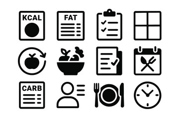 Nutrition and meal planning icons: calories, fat, and carb tracking symbols