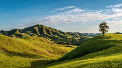 A tree stands alone in a grassy field with mountains in the background. The scene is peaceful and serene, with the tree providing a sense of calm and tranquility. The vast open space