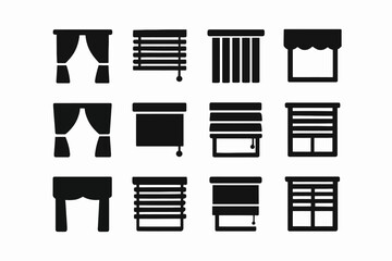 Collection of various curtain and blind icons in black silhouettes