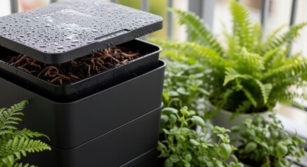 compost bin with worms surrounded by vibrant green plants on rainy balcony