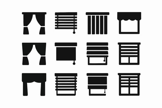 Collection of various curtain and blind icons in black silhouettes