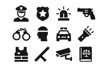 Police icon set: officer, badge, siren, handcuffs, patrol car, flashlight, vest, cctv