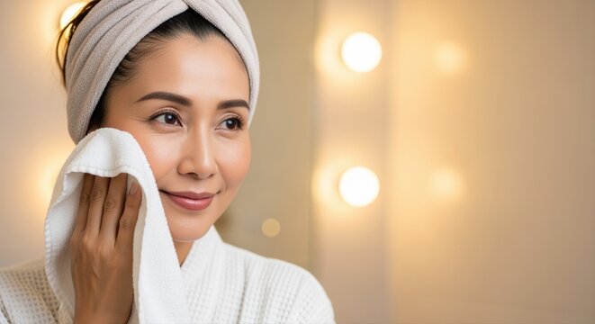asian woman in white robe enjoying skincare routine in softly lit bathroom - Powered by Adobe