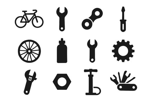 Bicycle repair icons set: tools, parts, and accessories for maintenance