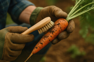 Harvest Harmony: A close-up shot showing a gardener delicately brushing soil off a freshly harvested carrot, embodying the care and dedication behind fresh produce. 