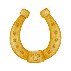 Naklejka premium Watercolor Patrick's Day golden lucky horseshoe. hand drawn illustration. Perfect for St Patrick's Day, games, treasure themes, prints, stickers, greeting cards, scrapbooking, decor