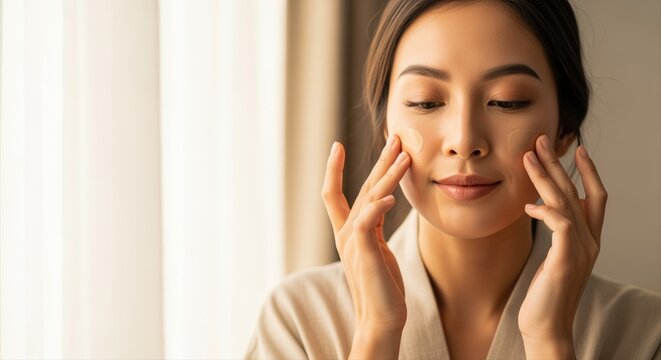 relaxed asian woman practicing skincare routine in morning natural light room