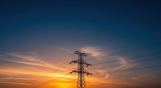 Silhouette of high-voltage power line tower against vibrant sunset sky - Powered by Adobe