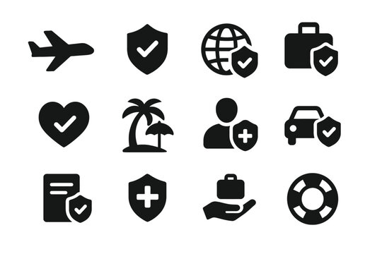 Travel insurance icons: airplane, shield, globe, luggage, heart, palm tree, health, car, document, hand, lifebuoy