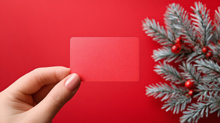 Obraz premium woman hand holding business card infront of red christmas background