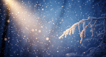 Icy branch covered with snow, against blue background with falling snowflakes, lighted by sunray, representing winter wonderland and peaceful scene