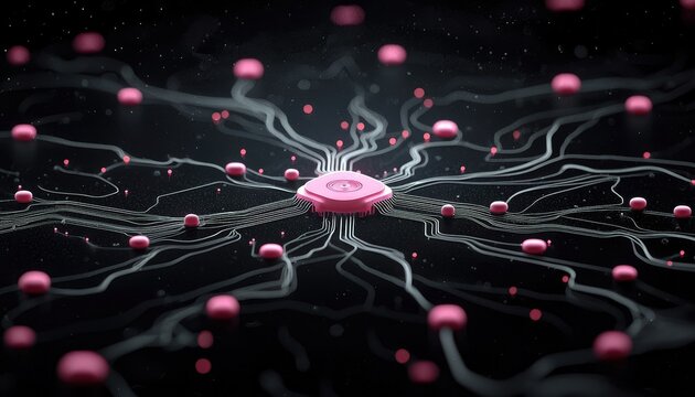 A complex network of pink nodes connected by thin white lines, resembling a circuit board or neural network, against a dark, starry background. - Powered by Adobe