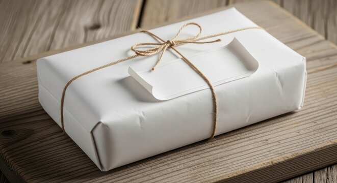 Gift wrapped parcel with string on wooden table