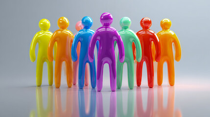 Glossy multicolored human figures standing in a row with reflections on the floor symbolizing diversity, teamwork, and unity in a modern abstract style