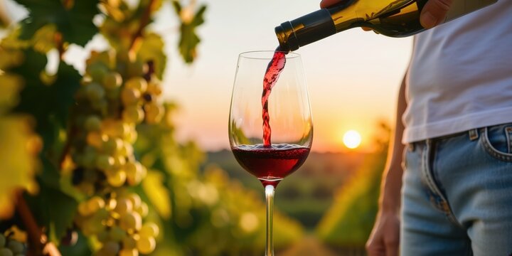 Person pouring red wine into glass at vineyard sunset
