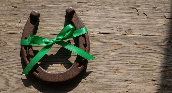 rustic horseshoe with green ribbon on wooden background symbolizing good luck and prosperity