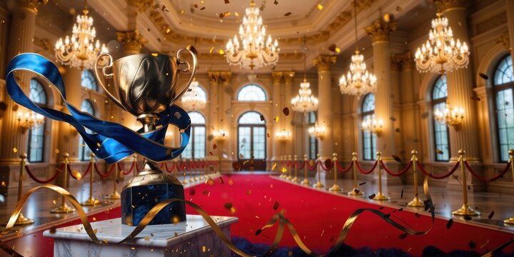 Golden trophy with blue ribbon on red carpet celebrating victory