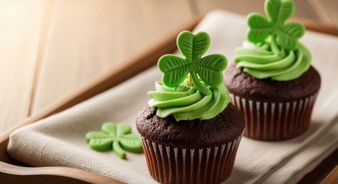 chocolate cupcakes with shamrock decorations on wooden tray for st. patrick's day celebration