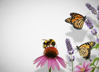 Bumblebee on pink coneflower and two Monarch butterflies with lavender and clematis, isolated on white with copy space