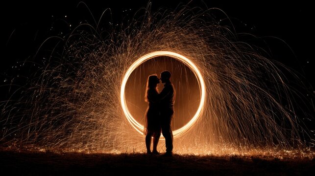 A couple is standing in front of a glowing circle of sparks. Concept of intimacy and romance, as the couple is captured in a moment of love and connection. The glowing sparks add a warm