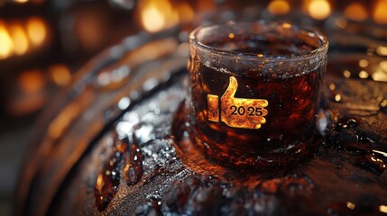A beautifully designed glass of soda resting on a wooden barrel, with unique textures and a creative imprint, offers an enticing visual treat that captures attention effectively.