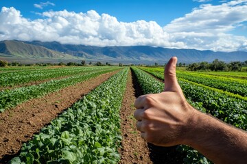 A hand giving a thumbs up signal amidst lush green fields set against a bright blue sky, symbolizing positivity, growth, and a bright future in agriculture or outdoor activities.
