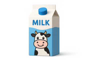 Milk carton with smiling cartoon cow design on blue background, fresh dairy drink packaging, transparent background