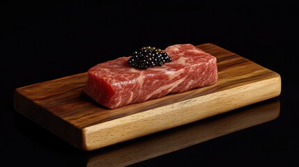 An exquisite presentation of premium sliced meat elegantly topped with caviar, showcased on a wooden platter, embodies luxury dining and culinary artistry for high-end food enthusiasts.