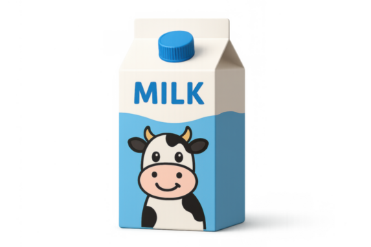 Milk carton with smiling cartoon cow design on blue background, fresh dairy drink packaging, transparent background