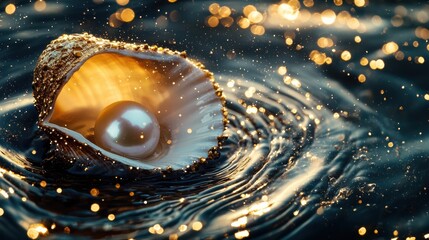 This captivating image showcases a lustrous pearl nestled inside an open oyster, surrounded by shimmering water droplets that evoke a sense of elegance and nature's beauty.