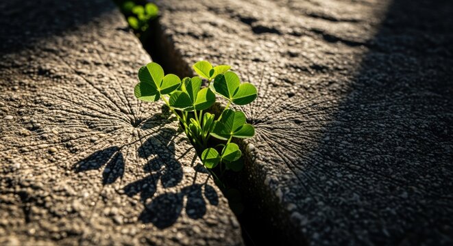 small green clover growing in crack of concrete pavement symbolizing hope and resilience