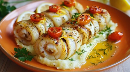 A gourmet seafood dish featuring succulent rolls garnished with cherry tomatoes and herbs on a vibrant plate, embodying both elegance and culinary artistry.
